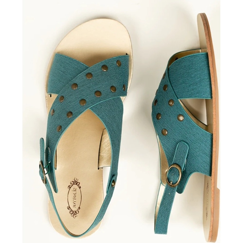 Joyfolie Ania Sandal Teal Denim Studded Criss Cross Flat Women Size 8 NEW $97